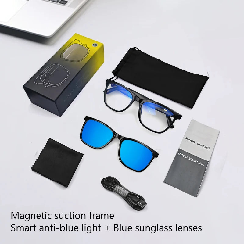 Lunettes intelligentes magnétiques : Lunettes de soleil polarisées filtrant la lumière bleue Lentilles 2 en 1 Audio Micro et haut-parleurs intégrés Assistant tactile et vocal