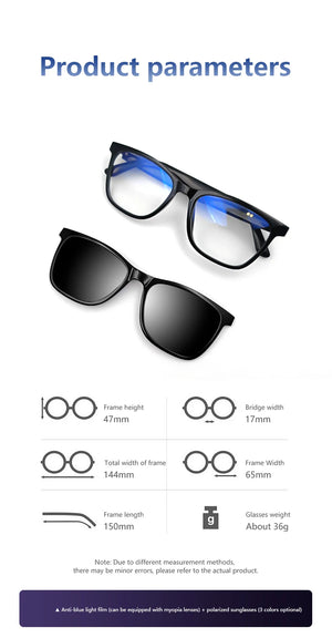 Lunettes intelligentes magnétiques : Lunettes de soleil polarisées filtrant la lumière bleue Lentilles 2 en 1 Audio Micro et haut-parleurs intégrés Assistant tactile et vocal
