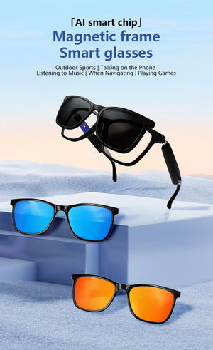 Lunettes intelligentes magnétiques : Lunettes de soleil polarisées filtrant la lumière bleue Lentilles 2 en 1 Audio Micro et haut-parleurs intégrés Assistant tactile et vocal