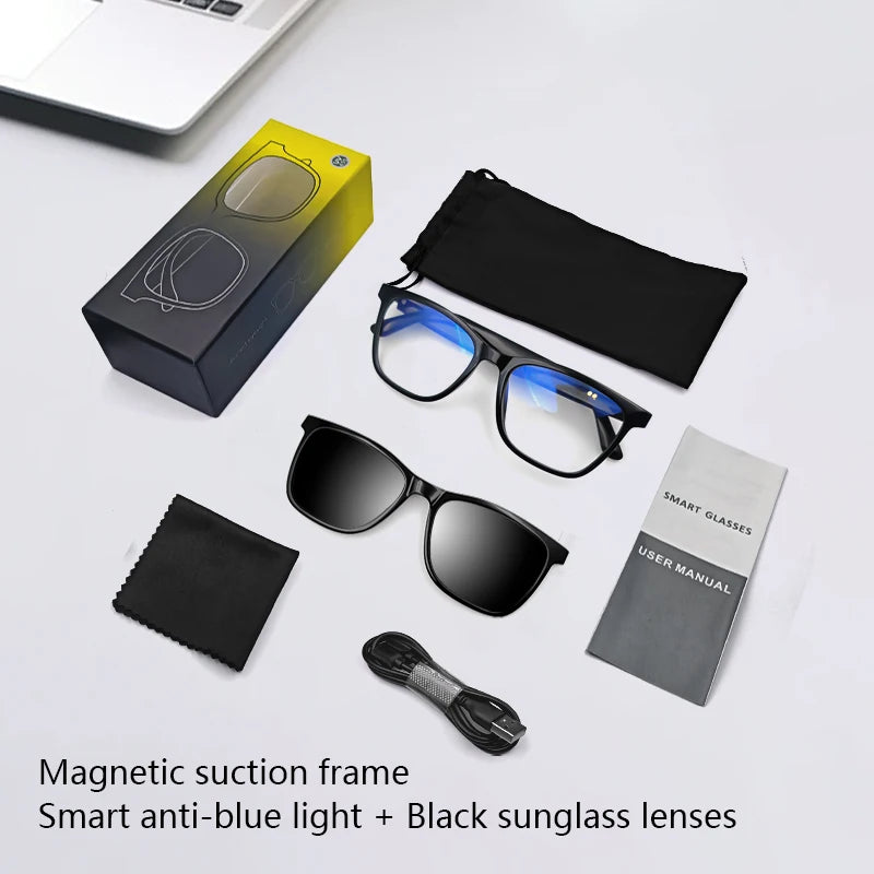Lunettes intelligentes magnétiques : Lunettes de soleil polarisées filtrant la lumière bleue Lentilles 2 en 1 Audio Micro et haut-parleurs intégrés Assistant tactile et vocal